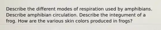 Describe the different modes of respiration used by amphibians. Describe amphibian circulation. Describe the integument of a frog. How are the various skin colors produced in frogs?