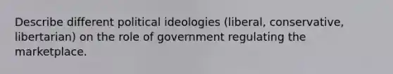 Describe different political ideologies (liberal, conservative, libertarian) on the role of government regulating the marketplace.