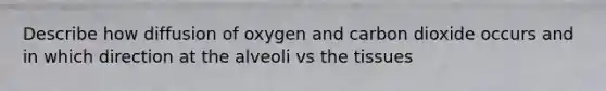 Describe how diffusion of oxygen and carbon dioxide occurs and in which direction at the alveoli vs the tissues