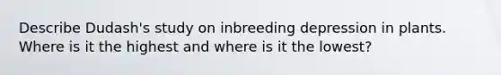 Describe Dudash's study on inbreeding depression in plants. Where is it the highest and where is it the lowest?