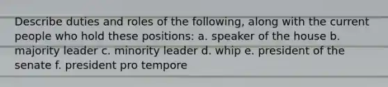 Describe duties and roles of the following, along with the current people who hold these positions: a. speaker of the house b. majority leader c. minority leader d. whip e. president of the senate f. president pro tempore