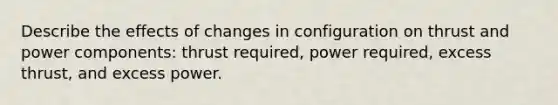 Describe the effects of changes in configuration on thrust and power components: thrust required, power required, excess thrust, and excess power.