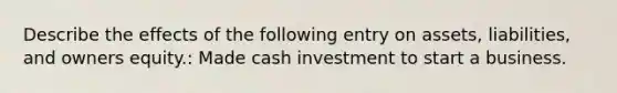 Describe the effects of the following entry on assets, liabilities, and owners equity.: Made cash investment to start a business.