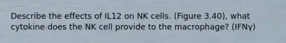 Describe the effects of IL12 on NK cells. (Figure 3.40), what cytokine does the NK cell provide to the macrophage? (IFNγ)