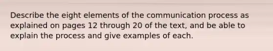 Describe the eight elements of <a href='https://www.questionai.com/knowledge/kTysIo37id-the-communication-process' class='anchor-knowledge'>the communication process</a> as explained on pages 12 through 20 of the text, and be able to explain the process and give examples of each.