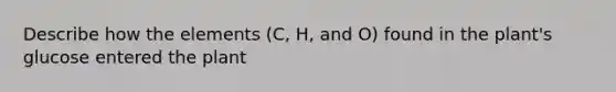 Describe how the elements (C, H, and O) found in the plant's glucose entered the plant