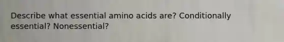 Describe what essential amino acids are? Conditionally essential? Nonessential?