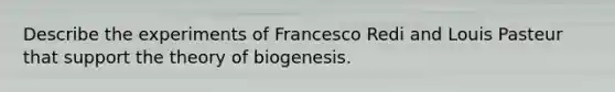 Describe the experiments of Francesco Redi and Louis Pasteur that support the theory of biogenesis.