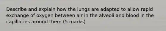 Describe and explain how the lungs are adapted to allow rapid exchange of oxygen between air in the alveoli and blood in the capillaries around them (5 marks)