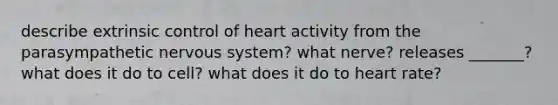 describe extrinsic control of heart activity from the parasympathetic nervous system? what nerve? releases _______? what does it do to cell? what does it do to heart rate?