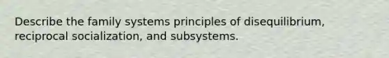 Describe the family systems principles of disequilibrium, reciprocal socialization, and subsystems.