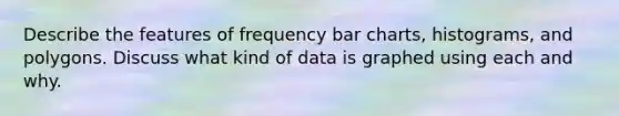 Describe the features of frequency bar charts, histograms, and polygons. Discuss what kind of data is graphed using each and why.