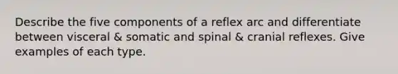 Describe the five components of a reflex arc and differentiate between visceral & somatic and spinal & cranial reflexes. Give examples of each type.