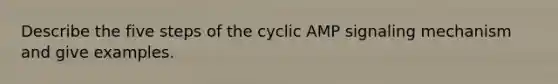 Describe the five steps of the cyclic AMP signaling mechanism and give examples.