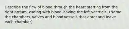 Describe the flow of blood through the heart starting from the right atrium, ending with blood leaving the left ventricle. (Name the chambers, valves and blood vessels that enter and leave each chamber)