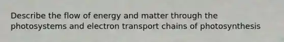 Describe the flow of energy and matter through the photosystems and electron transport chains of photosynthesis