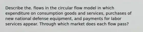 Describe the. flows in the circular flow model in which expenditure on consumption goods and services, purchases of new national defense equipment, and payments for labor services appear. Through which market does each flow pass?