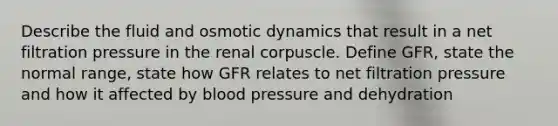 Describe the fluid and osmotic dynamics that result in a net filtration pressure in the renal corpuscle. Define GFR, state the normal range, state how GFR relates to net filtration pressure and how it affected by blood pressure and dehydration