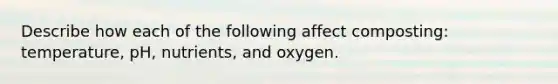 Describe how each of the following affect composting: temperature, pH, nutrients, and oxygen.