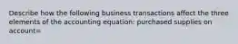 Describe how the following business transactions affect the three elements of the accounting equation: purchased supplies on account=