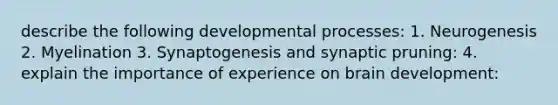 describe the following developmental processes: 1. Neurogenesis 2. Myelination 3. Synaptogenesis and synaptic pruning: 4. explain the importance of experience on brain development: