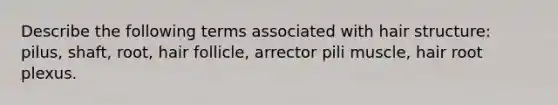 Describe the following terms associated with hair structure: pilus, shaft, root, hair follicle, arrector pili muscle, hair root plexus.