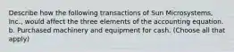 Describe how the following transactions of Sun Microsystems, Inc., would affect the three elements of the accounting equation. b. Purchased machinery and equipment for cash. (Choose all that apply)