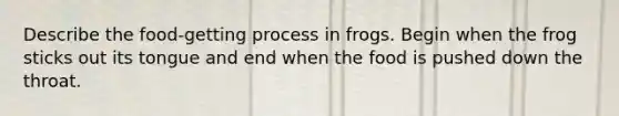Describe the food-getting process in frogs. Begin when the frog sticks out its tongue and end when the food is pushed down the throat.
