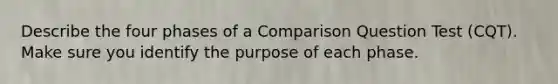 Describe the four phases of a Comparison Question Test (CQT). Make sure you identify the purpose of each phase.