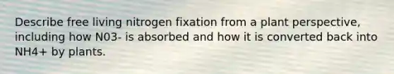 Describe free living nitrogen fixation from a plant perspective, including how N03- is absorbed and how it is converted back into NH4+ by plants.