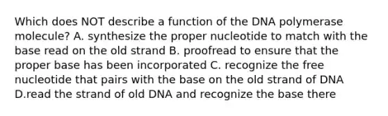 Which does NOT describe a function of the DNA polymerase molecule? A. synthesize the proper nucleotide to match with the base read on the old strand B. proofread to ensure that the proper base has been incorporated C. recognize the free nucleotide that pairs with the base on the old strand of DNA D.read the strand of old DNA and recognize the base there