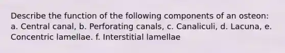 Describe the function of the following components of an osteon: a. Central canal, b. Perforating canals, c. Canaliculi, d. Lacuna, e. Concentric lamellae. f. Interstitial lamellae