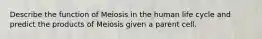 Describe the function of Meiosis in the human life cycle and predict the products of Meiosis given a parent cell.