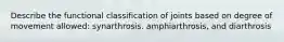 Describe the functional classification of joints based on degree of movement allowed: synarthrosis. amphiarthrosis, and diarthrosis