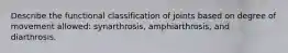 Describe the functional classification of joints based on degree of movement allowed: synarthrosis, amphiarthrosis, and diarthrosis.