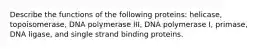 Describe the functions of the following proteins: helicase, topoisomerase, DNA polymerase III, DNA polymerase I, primase, DNA ligase, and single strand binding proteins.