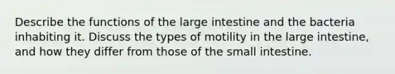 Describe the functions of the large intestine and the bacteria inhabiting it. Discuss the types of motility in the large intestine, and how they differ from those of the small intestine.