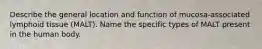Describe the general location and function of mucosa-associated lymphoid tissue (MALT). Name the specific types of MALT present in the human body.