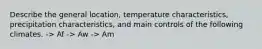 Describe the general location, temperature characteristics, precipitation characteristics, and main controls of the following climates. -> Af -> Aw -> Am