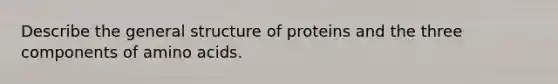 Describe the general structure of proteins and the three components of amino acids.