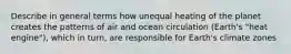 Describe in general terms how unequal heating of the planet creates the patterns of air and ocean circulation (Earth's "heat engine"), which in turn, are responsible for Earth's climate zones