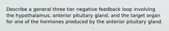 Describe a general three tier negative feedback loop involving the hypothalamus, anterior pituitary gland, and the target organ for one of the hormones produced by the anterior pituitary gland.