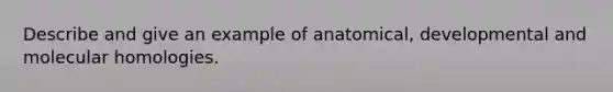 Describe and give an example of anatomical, developmental and molecular homologies.