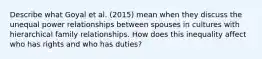 Describe what Goyal et al. (2015) mean when they discuss the unequal power relationships between spouses in cultures with hierarchical family relationships. How does this inequality affect who has rights and who has duties?