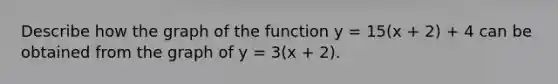 Describe how the graph of the function y = 15(x + 2) + 4 can be obtained from the graph of y = 3(x + 2).