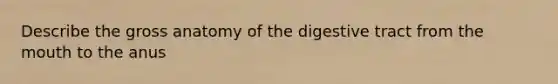 Describe the gross anatomy of the digestive tract from <a href='https://www.questionai.com/knowledge/krBoWYDU6j-the-mouth' class='anchor-knowledge'>the mouth</a> to the anus