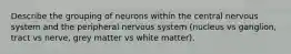 Describe the grouping of neurons within the central nervous system and the peripheral nervous system (nucleus vs ganglion, tract vs nerve, grey matter vs white matter).