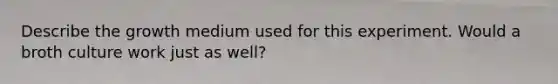 Describe the growth medium used for this experiment. Would a broth culture work just as well?