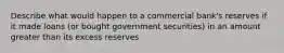 Describe what would happen to a commercial bank's reserves if it made loans (or bought government securities) in an amount greater than its excess reserves