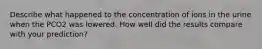 Describe what happened to the concentration of ions in the urine when the PCO2 was lowered. How well did the results compare with your prediction?